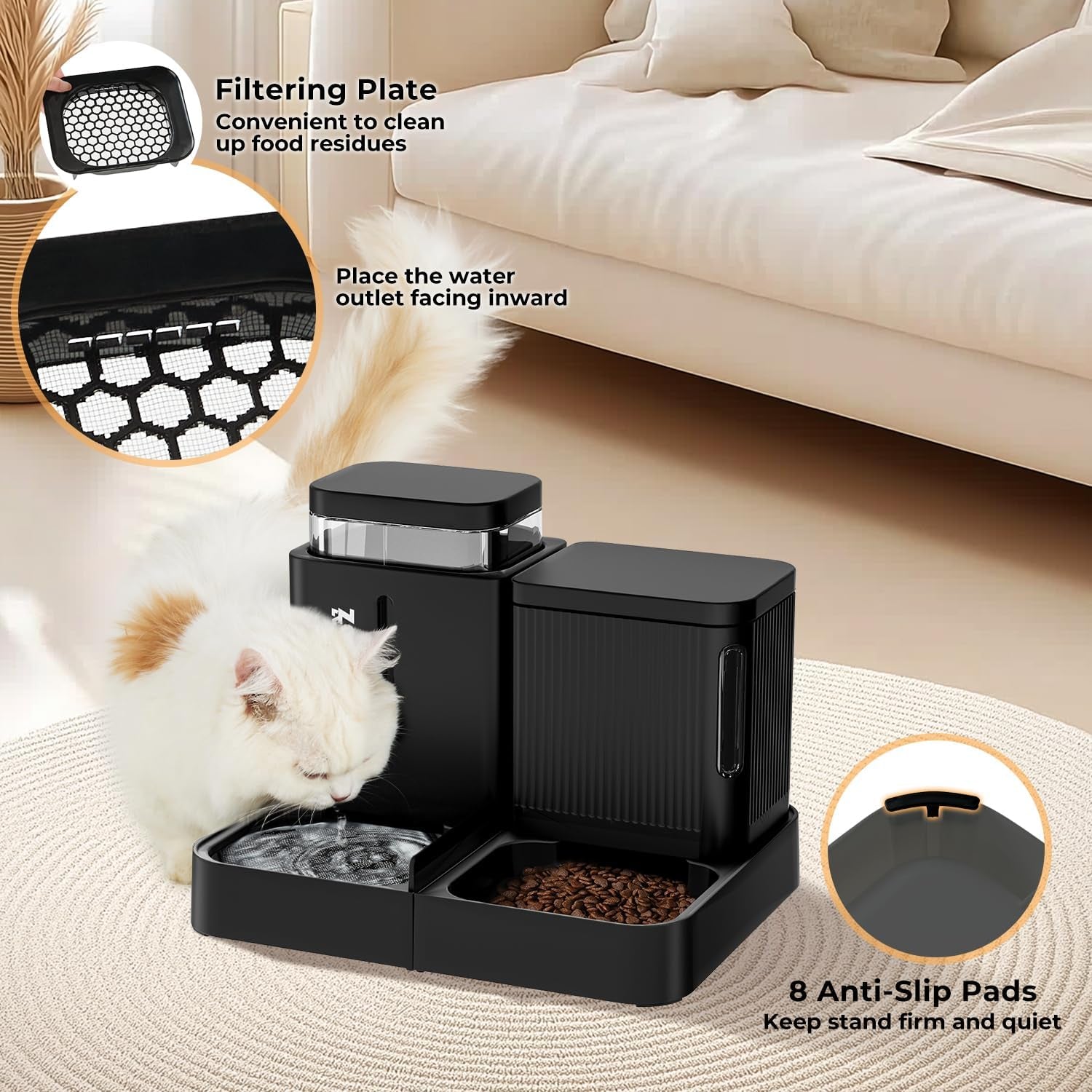 ZOMISIA Automatic Cat Feeder and Water Dispenser Set, 2 in 1 Gravity Cat Food Dispenser with 180 Degree Rotatable, Pet Self Feeding Large Capacity for Small Dogs Puppy Kitten, Black, 0.8 Gallon X 2