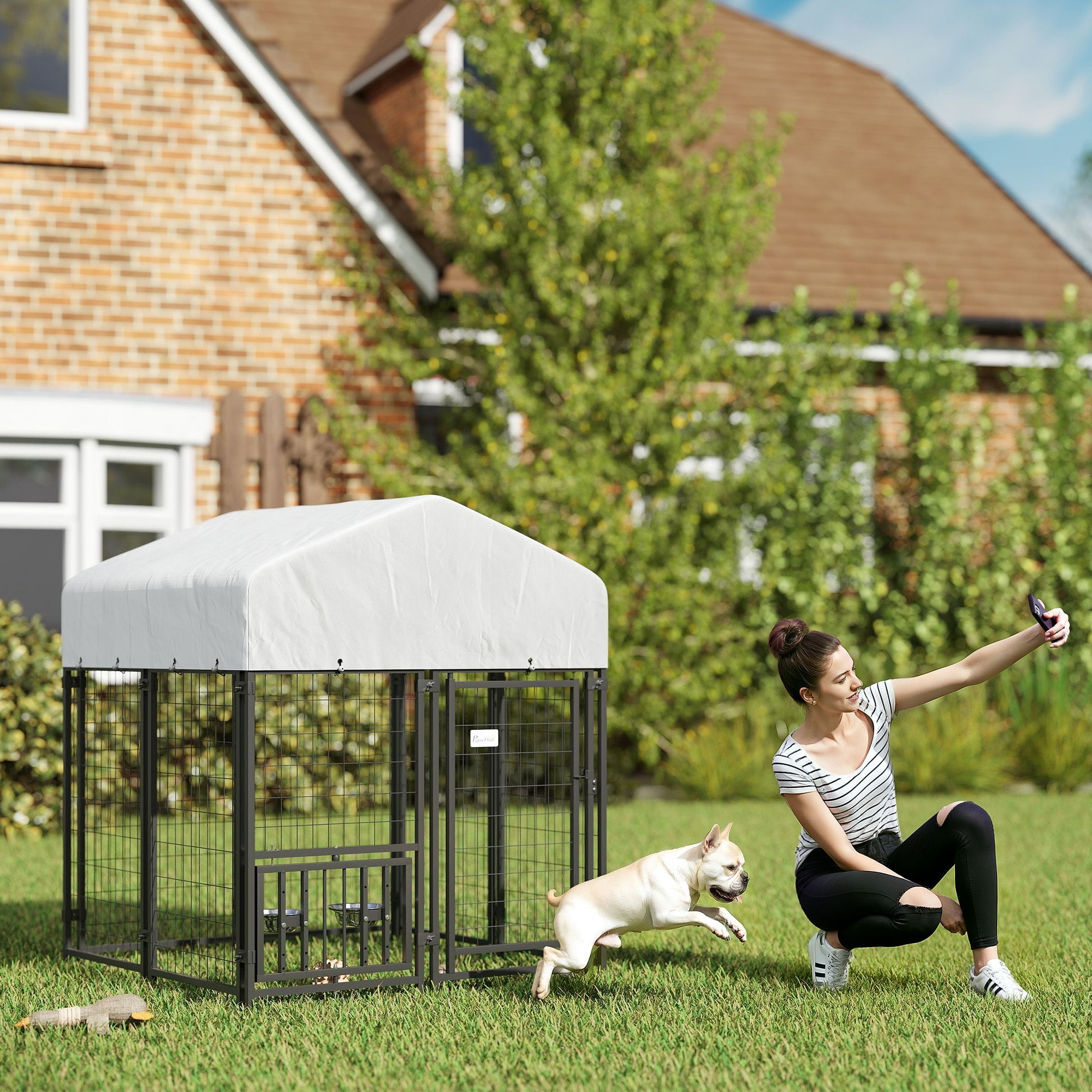 Welded Wire Dog Kennel with 360 Rotating & 4 Levels Adjustable Bowls, Waterproof Cover, 3.9 X 3.9 X 4.5
