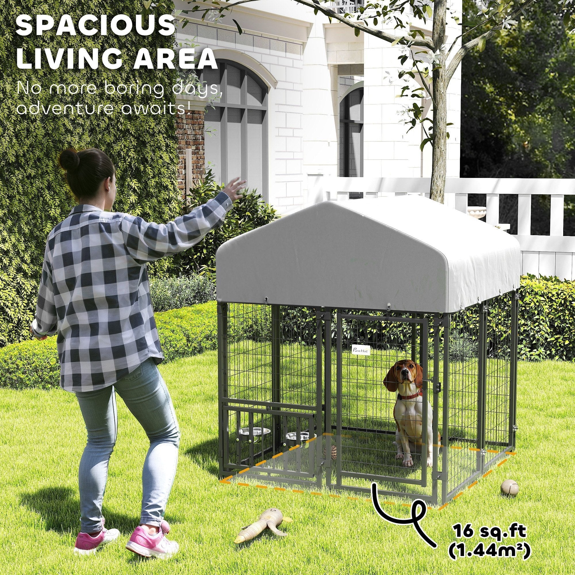 Welded Wire Dog Kennel with 360 Rotating & 4 Levels Adjustable Bowls, Waterproof Cover, 3.9 X 3.9 X 4.5