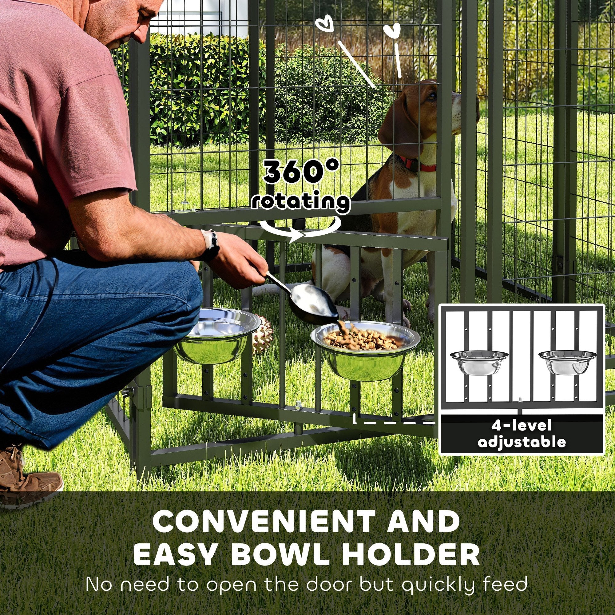 Welded Wire Dog Kennel with 360 Rotating & 4 Levels Adjustable Bowls, Waterproof Cover, 3.9 X 3.9 X 4.5
