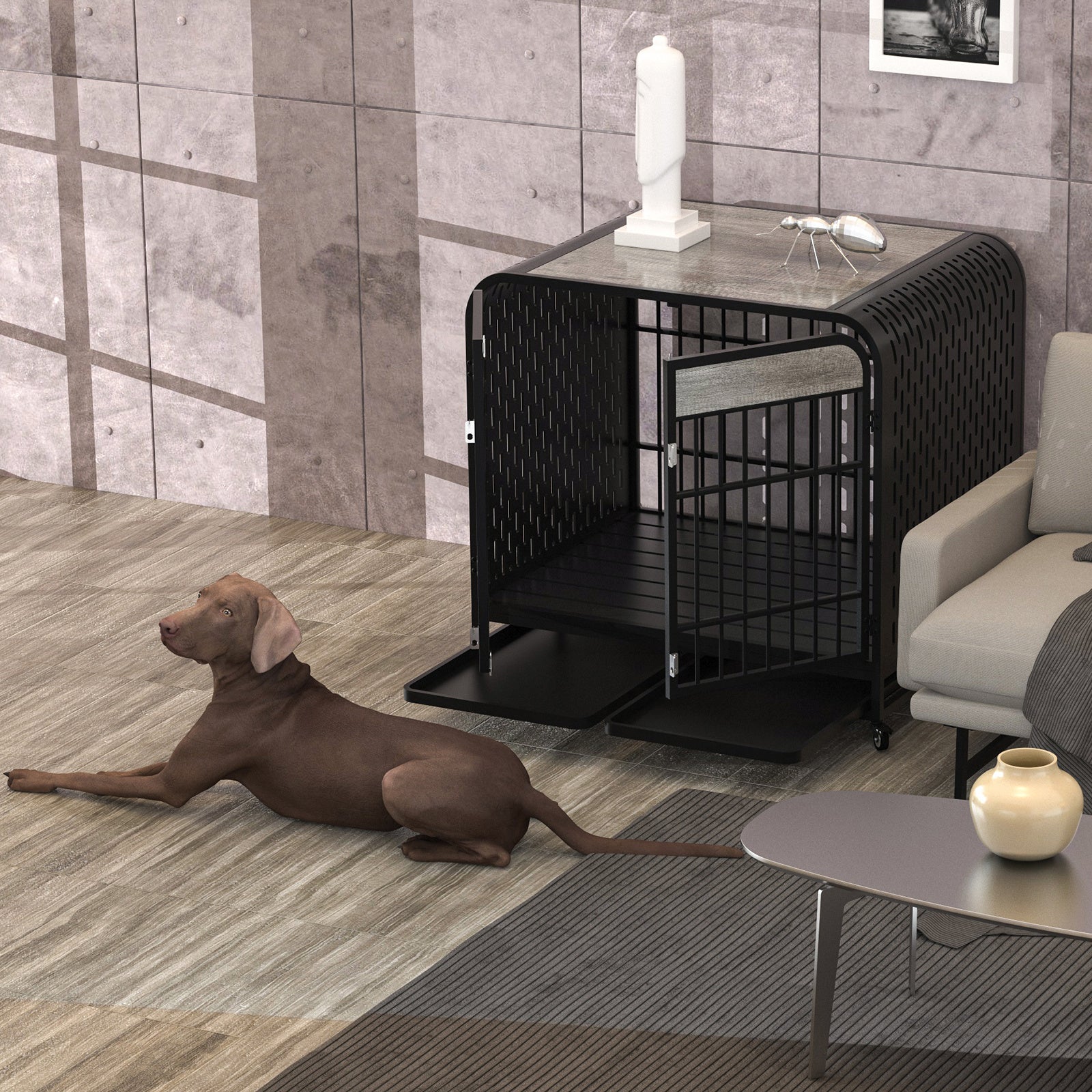Heavy Duty Wooden Dog Crate Furniture 42 Inch Grey Table for Large Dogs