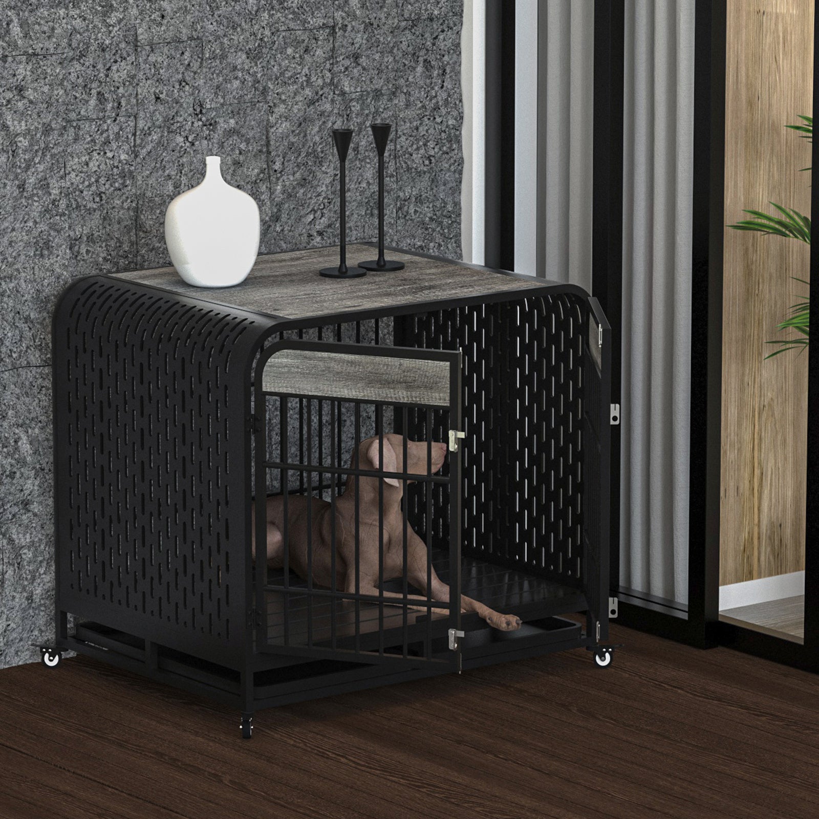 Heavy Duty Wooden Dog Crate Furniture 42 Inch Grey Table for Large Dogs
