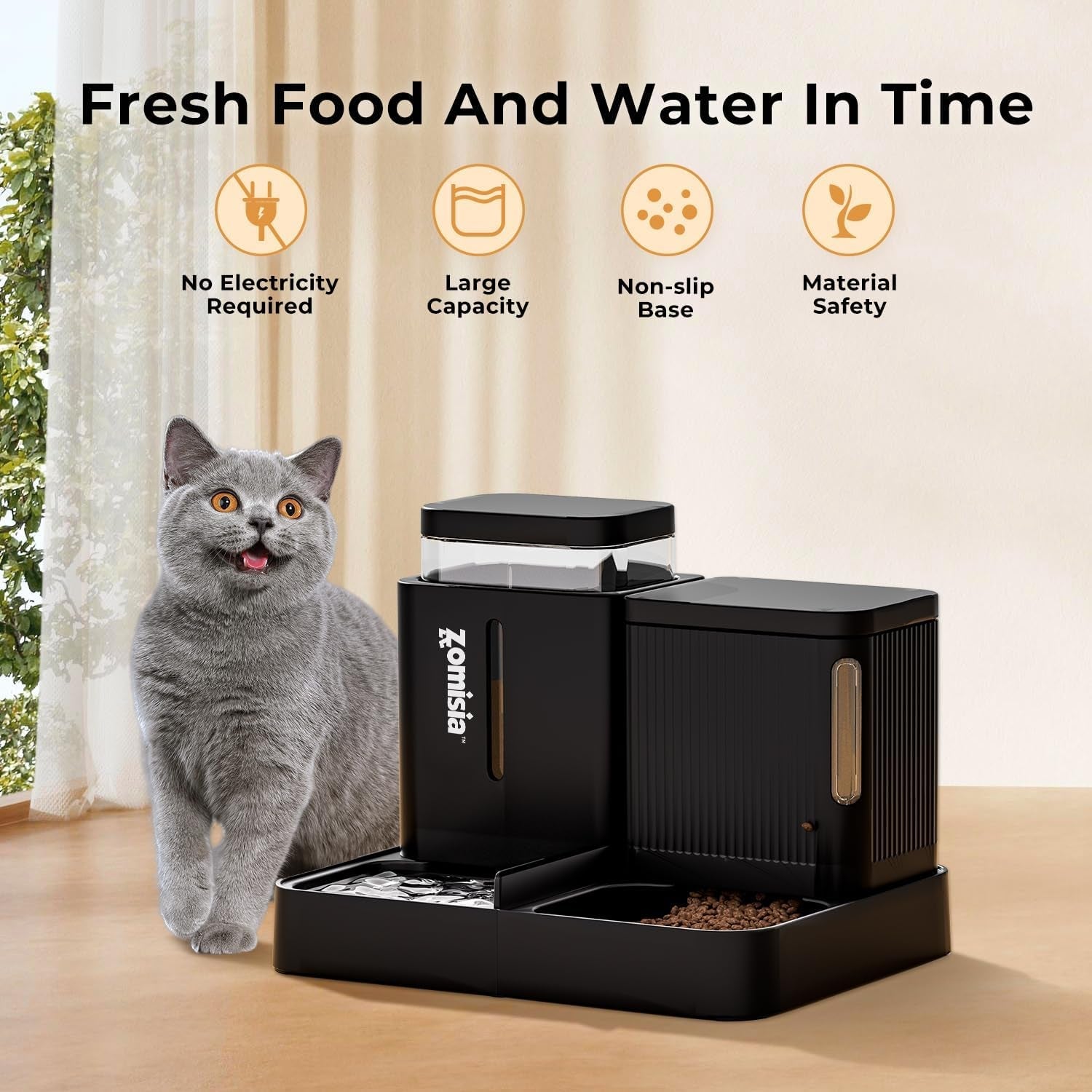 ZOMISIA Automatic Cat Feeder and Water Dispenser Set, 2 in 1 Gravity Cat Food Dispenser with 180 Degree Rotatable, Pet Self Feeding Large Capacity for Small Dogs Puppy Kitten, Black, 0.8 Gallon X 2