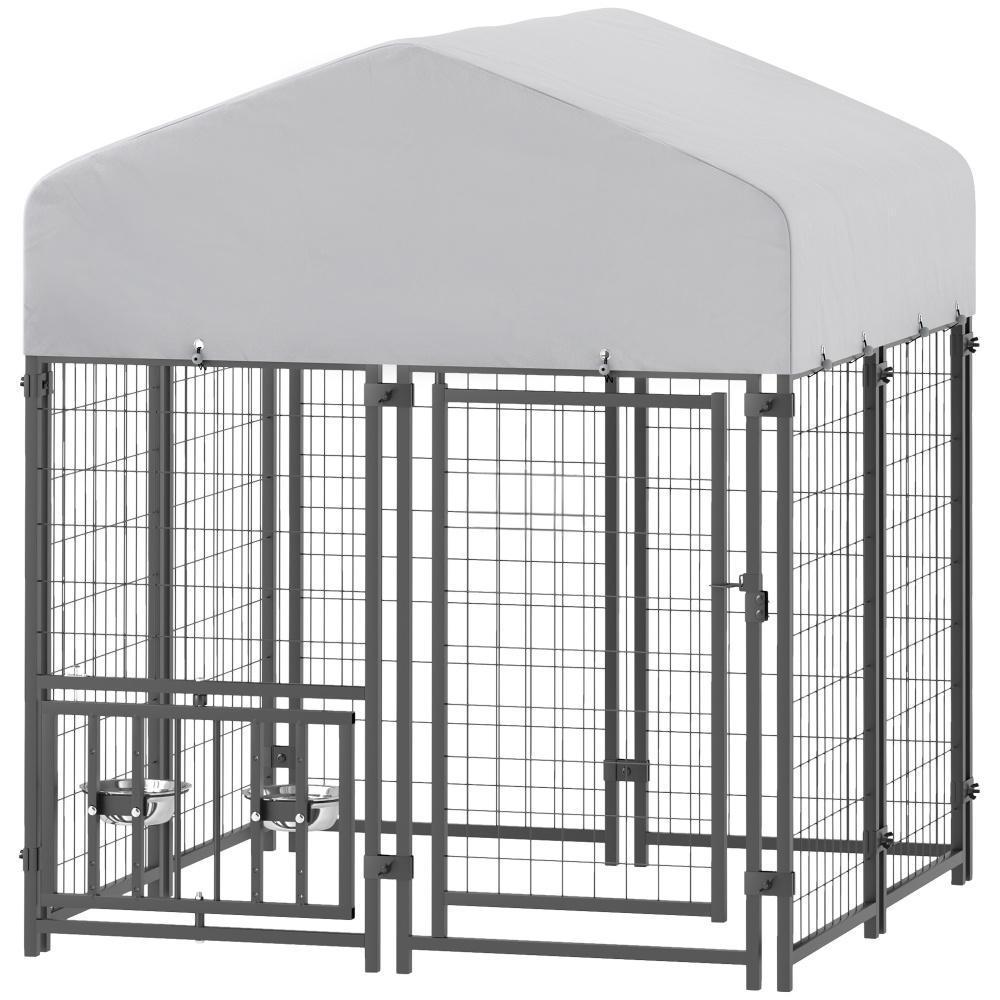 Welded Wire Dog Kennel with 360 Rotating & 4 Levels Adjustable Bowls, Waterproof Cover, 3.9 X 3.9 X 4.5