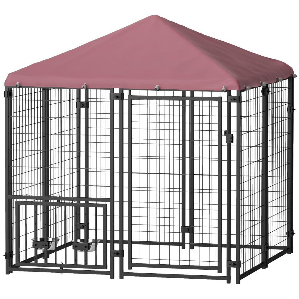 Welded Wire Outdoor Dog Kennel with Rotating Bowls, Waterproof Cover, 4.6x4.6x5 Feet